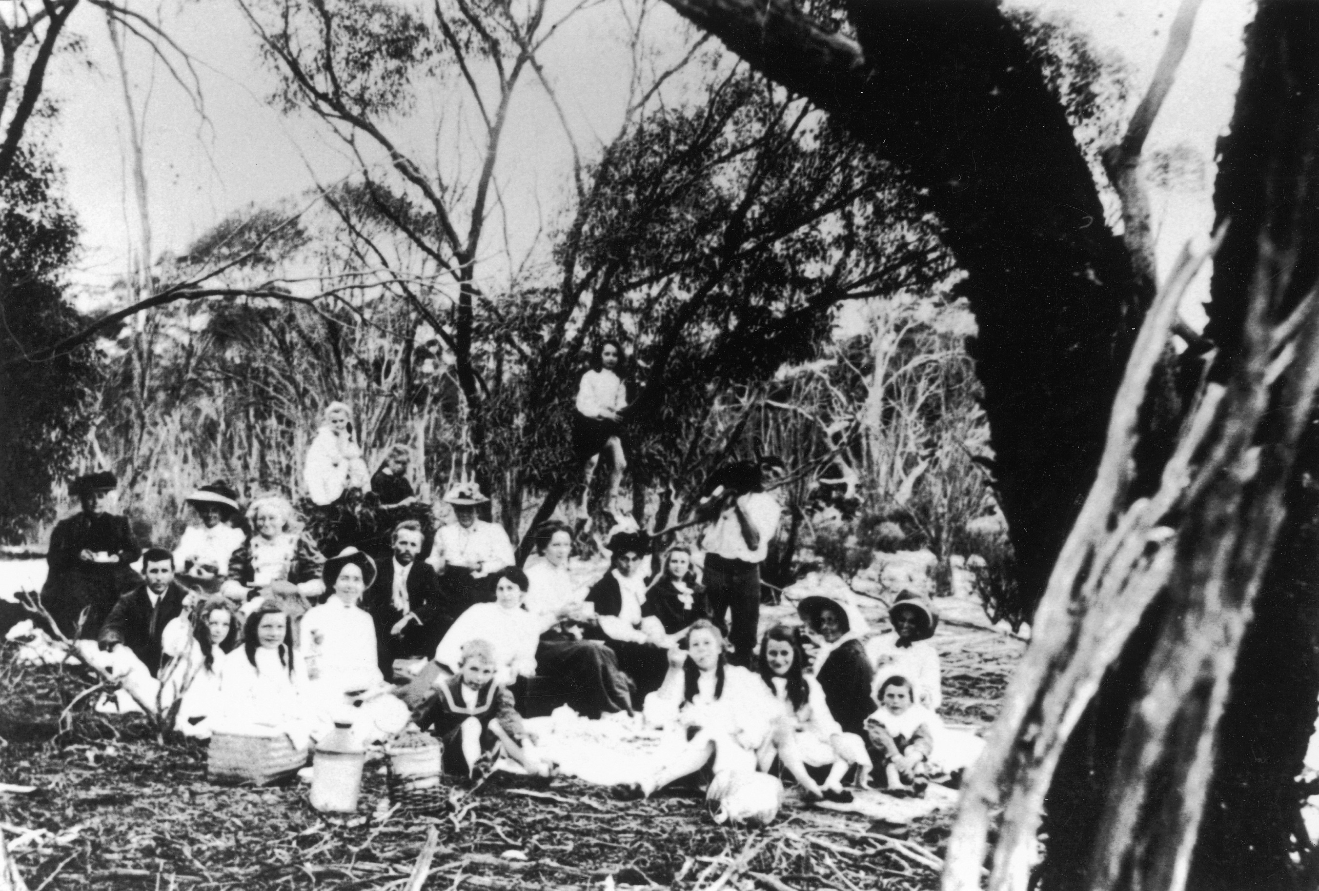 A picnic at Old Doodlakine  from1910. A group of adults dressed in their finest with their numerous children.